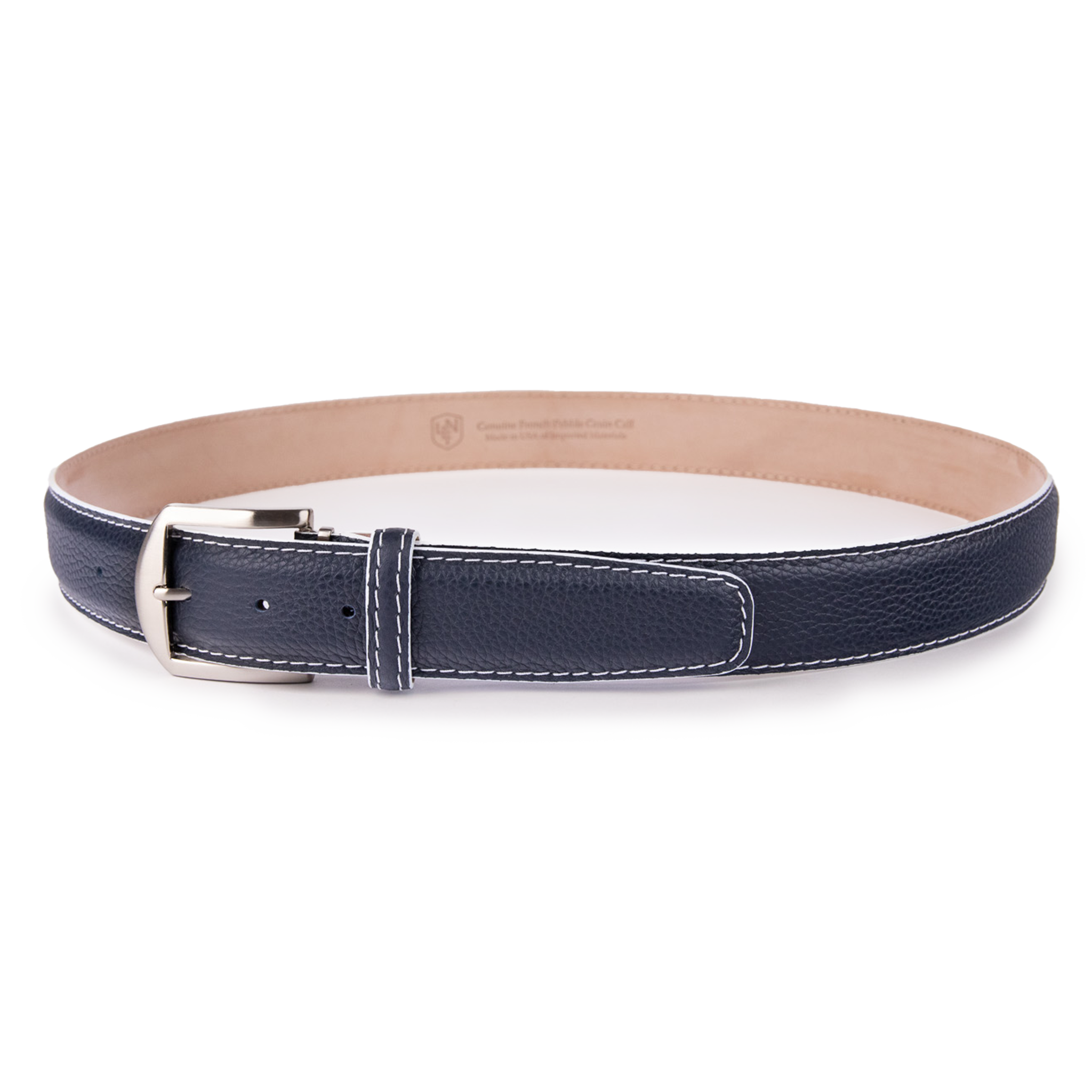 French Calf Pebble Grain - Navy w/ white edge & border stitch