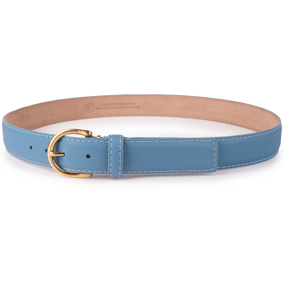 Blue belt with a gold buckle on a white background