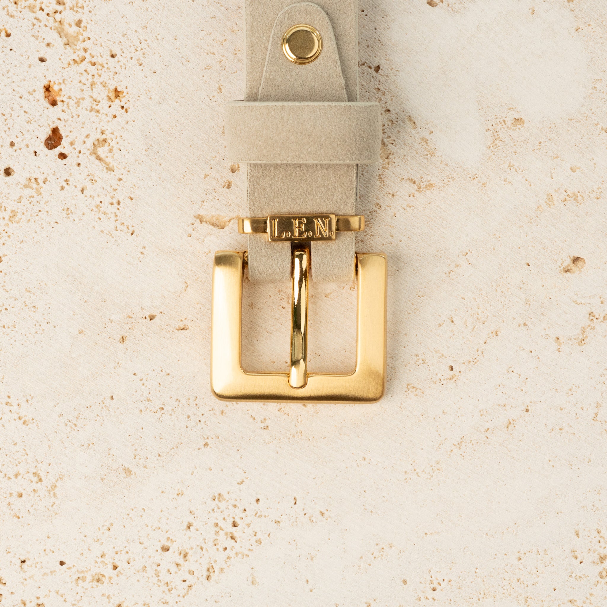 designer dress belt subtle logo square buckle brushed finish 32mm L.E.N Lifestyle - 25mm Solid Brass Square Buckle - Matte Gold - 1547/25/G