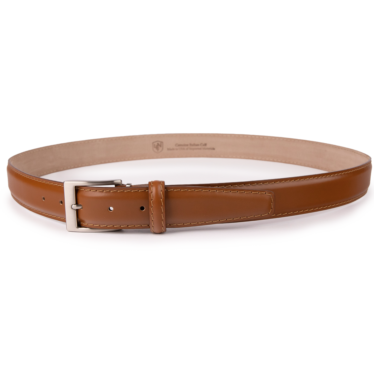 Genuine calfskin cognac leather belt with three-piece silver trim NWOT sz 32 Cognac Calf Belt 32 Mm - Handcrafted In Italy main image 2